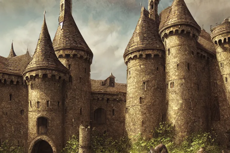 Prompt: A medieval castle, texture, intricate, details, highly detailed, masterpiece, architecture, building, trending on artstation, focus, sharp focus, concept art, digital painting, fantasy, D&D, tabletop, rpg, roleplay, sunny, day, midday, photograph, still