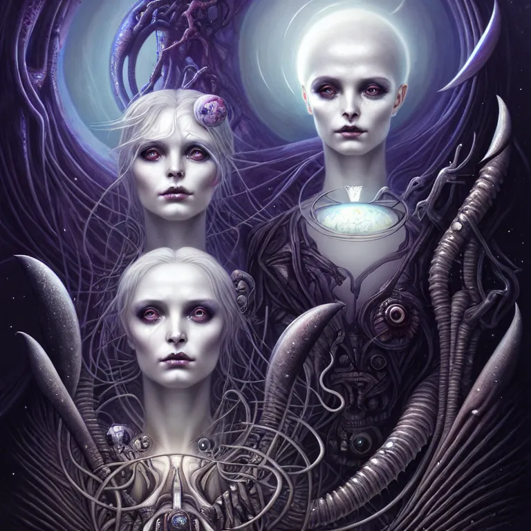 Image similar to skewed in the void, hr giger and cgsociety. one stunning luna goddess of personification of the moon by charlie bowater and tom bagshaw, insanely detailed, artstation, space art. sparkling flower fractules surrounded by skulls and robots deep under the sea, pop art, by peter rohrabacher lisa frank