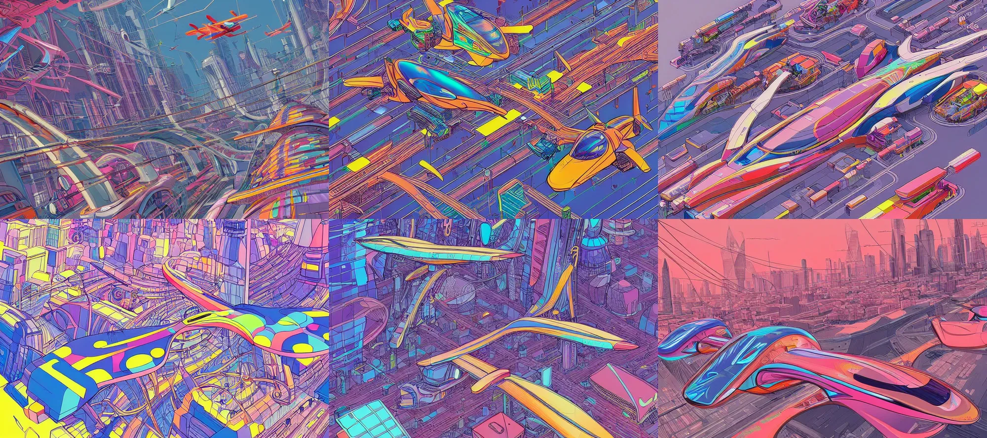 Prompt: a colorful futuristic landscape, flying cars, bullet trains, busy streets, intricate linework, artstation trending, by moebius and alexandro jodorowsk