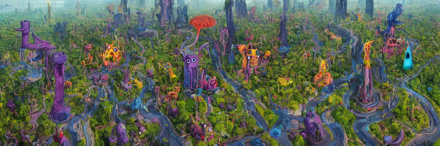 Prompt: a beautiful painting of a towering surreal aaahh!!! real monsters park by james gurney and beeple | seen from above | establishing shot | unreal engine :. 3 | es