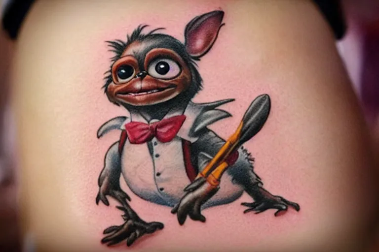 Image similar to a cute hyper realistic tattoo of gizmo from the movie gremlins wearing a wedding suit and looking happy. neo modern tattoo school, tattoo, dslr