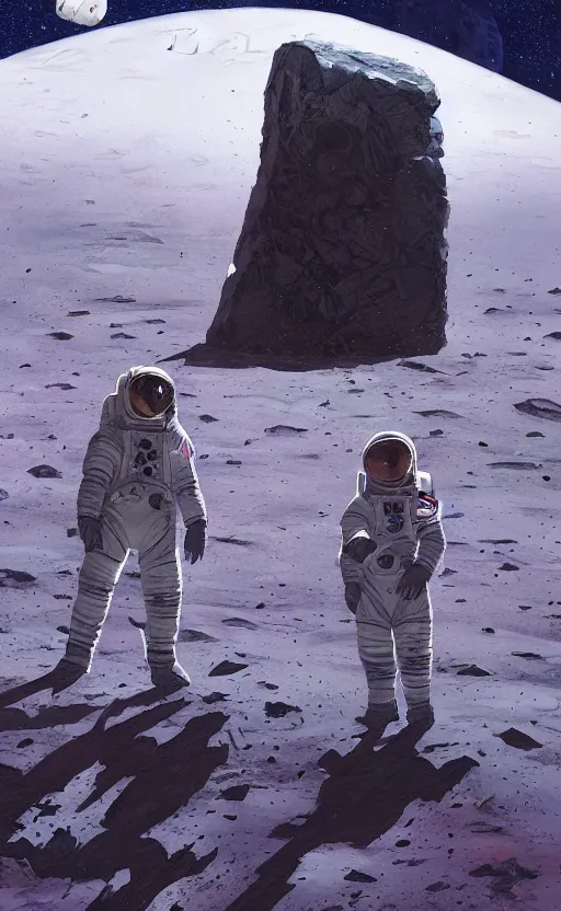 Prompt: a beautiful artwork illustration, astronauts with flashlights stand in front of a giant obsidian monolith on the moon, by greg rutkowski and jesper ejsing and raymond swanland, featured on artstation, wide angle, vertical orientation