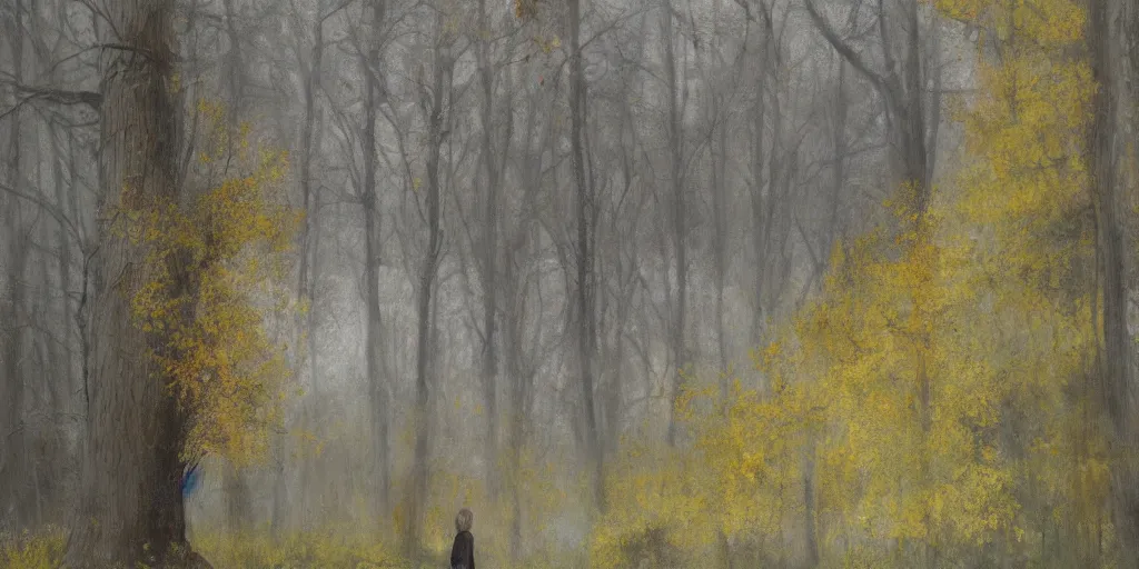 Image similar to a girl in an autumn forest, yellow and green tones, by Aron Wiesenfeld, wolf, cinematic, detailed illustration, nature, fog, dark colors, suspense, intricate, 8k