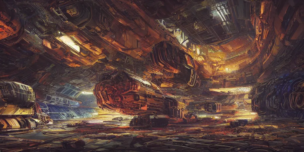 Prompt: an extremely detailed masterpiece epic color scene of the inside of a cavernous spaceship cargo bay with various types of parked spacecraft with pilots an opened hanger door space scene in background, in the style of frank paul lehr and lebbeus woods, intricate, elegant, highly detailed, digital painting, artstation, cinematic lighting, extremely moody lighting, glowing light and shadow, 4 k