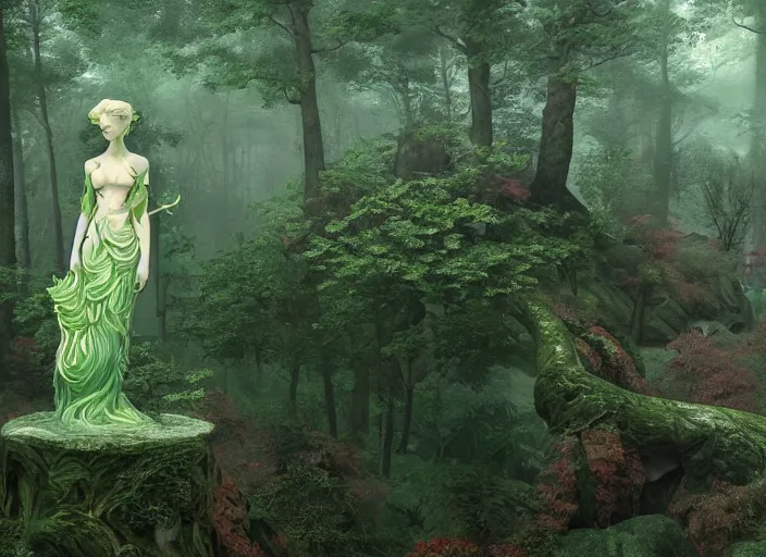 Image similar to an idealistic marble statue with fractal flowery hair and fair porcelain face and green eyes, in a magical forest, painted by, mc escher, gordon onslow ford, georgia o'keeffe and ivan aivazovsky, cinematic light, god rays, colourful, unreal engine, zbrush central,