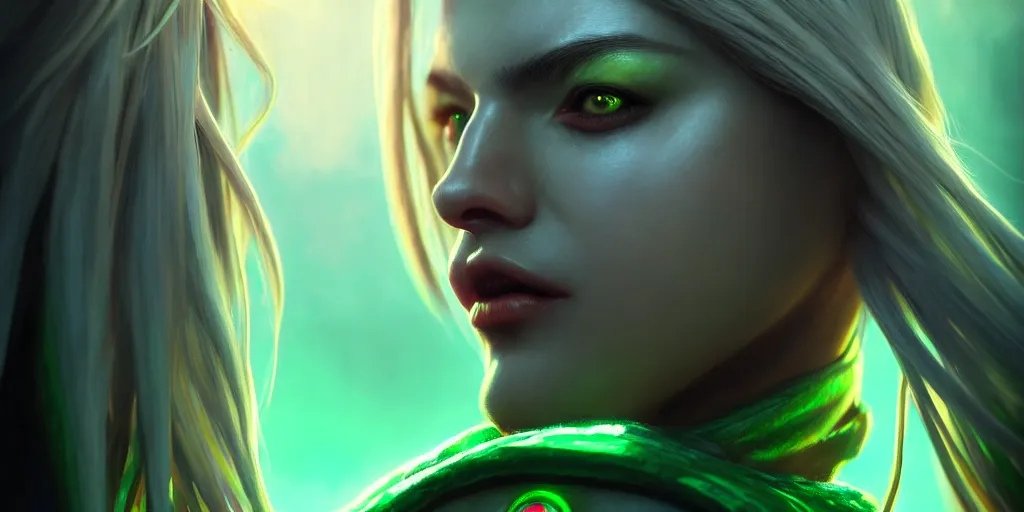 Prompt: ( ( ( ( ( hyperrealist distant portrait of sylvanas windrunner on a emerald planet where it rains colors. ) ) ) ) ) by bayard wu, fantasy, photorealistic, octane render, unreal engine, dynamic lighting, trending on artstation, poster, volumetric lighting, very detailed faces, 4 k, award winning