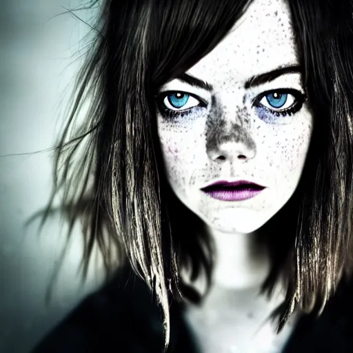 Prompt: Emma Stone, grungy, unkept hair, glowing eyes, modelsociety, wet from rain, radiant skin, huge anime eyes, bright on black, dramatic, studio lighting, perfect face, intricate, Sony a7R IV, symmetric balance, polarizing filter, Photolab, Lightroom, 4K, Dolby Vision, Photography Award