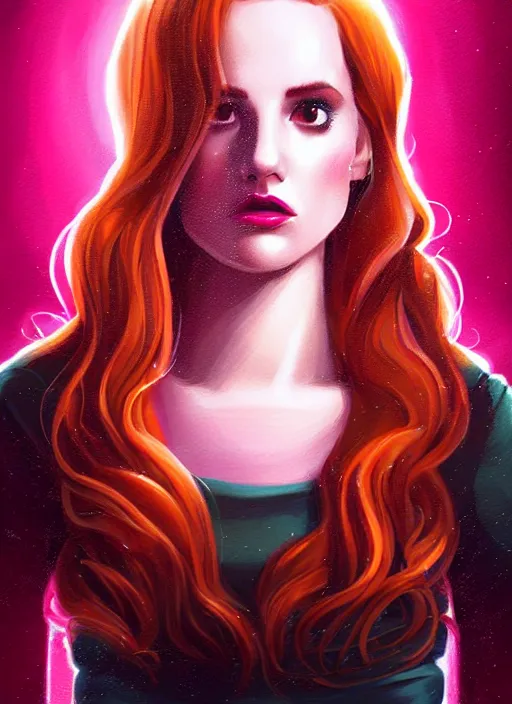 Image similar to full body portrait of teenage cheryl blossom, bangs, green eyes, sultry expression, red hair, sultry smirk, bangs and wavy hair, pink skirt, bangs, intricate, elegant, glowing lights, highly detailed, digital painting, artstation, concept art, smooth, sharp focus, illustration, art by wlop, mars ravelo and greg rutkowski