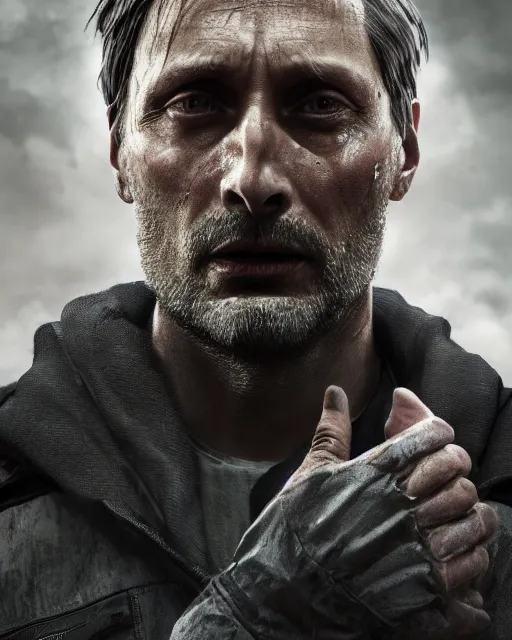 Image similar to mads mikkelson as clifford unger from death stranding, tears of tar, mysterious portrait, cinematic lighting, black background, digital painting photoshop, ultra detailed hdr 8 k