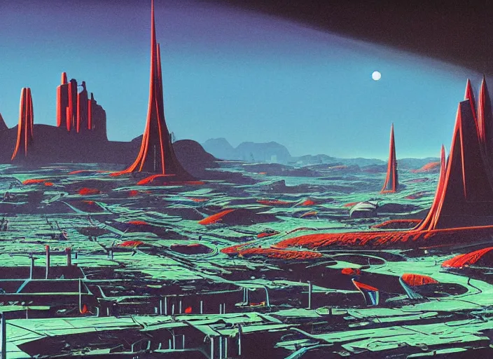 Prompt: ground view of a utopia future city. style by peter elson and eyvind earle.