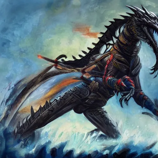 Image similar to a painting of a woman warrior riding a dirt bike in the middle of epic fantasy fight with a huge black dragon