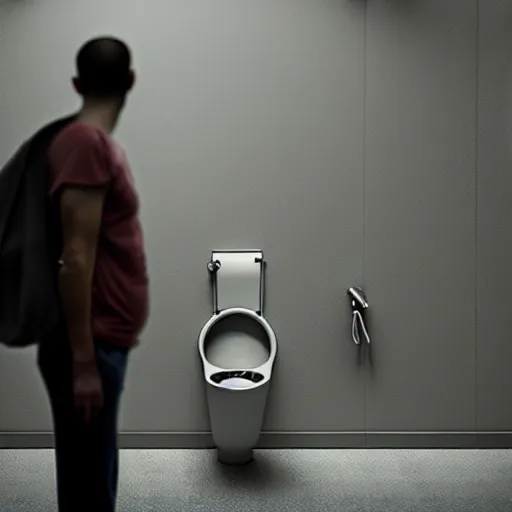 Image similar to photograph of a man with a urinal head begging for food, 8k resolution, high detail, ULTRA REALISTIC VFX, reflections