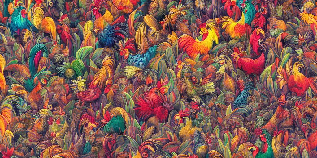 Prompt: colorful illustration of a million fighting roosters, mix of styles, collage of styles, abstract, surreal, intricate, highly detailed, matte colors