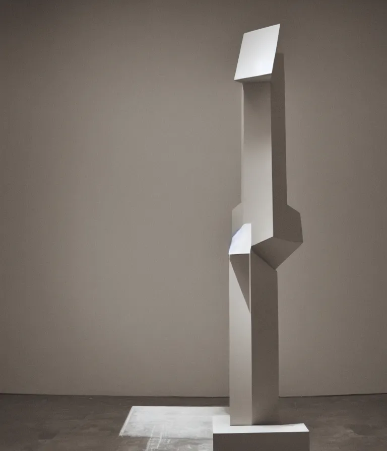 Prompt: a singular single one - piece studio packshot of an upside - down readymade object on a pedestal in an empty museum room, contemporary sculpture, steel, ceramic, glass, color bleed, light leak