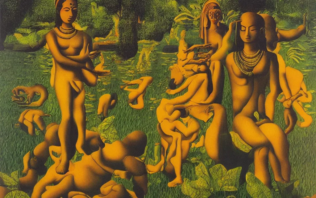 Image similar to black hindu god golden meadow, detailed painting by rene magritte