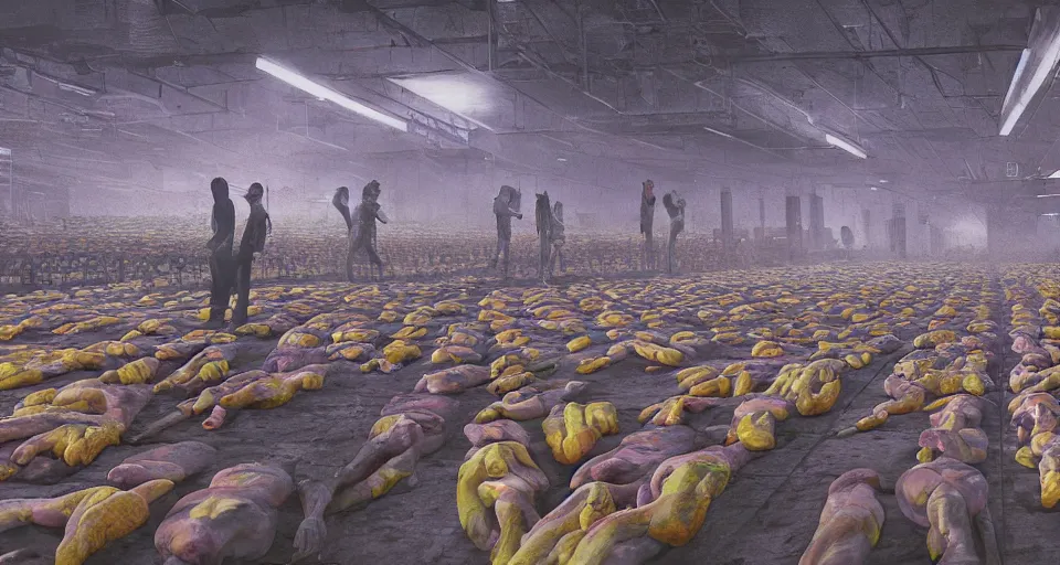 Prompt: illustration of rows of limp human bodies growing like fruit on display in a cold warehouse, refrigerated storage facility, rolling fog, cyberpunk, dystopian, dramatic lighting, unreal engine 5, colorful