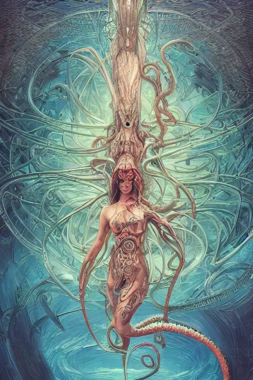 Image similar to swimming through time, inter dimensional clockwork, kowloon tentacles, by artgerm and yoshitaka amano and moebius and hr giger and zdislaw beksinski and alphonse mucha, hyperdetailed, glamour, surreal, dc comics, ornate, stunning, nebula, explosions in the sky, trending on artstation