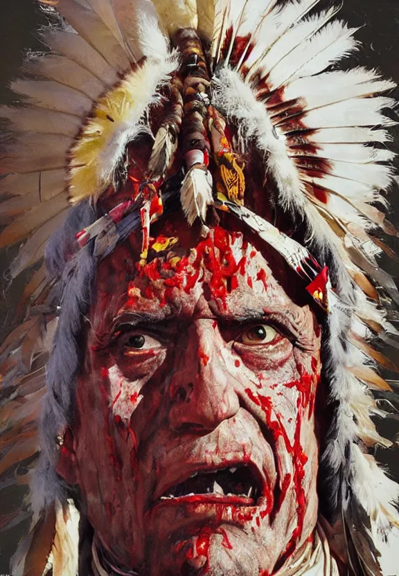 Image similar to close up portrait of zombie Pope Francis wearing a Native American Indian Feathered Headdress War Bonnet, dead redemption, by Adrian Ghenie