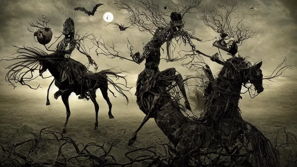 Image similar to halloween headless horseman theme surrealist art in the styles of igor morski, jim warren, and a tim burton film, intricate, hyperrealistic, volumetric lighting