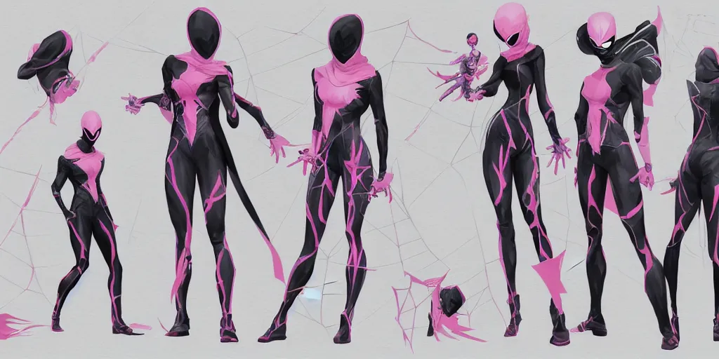 Prompt: spider gwen, character sheet, concept design, contrast, kim jung gi, greg rutkowski, zabrocki, karlkka, jayison devadas, trending on artstation, 8 k, ultra wide angle, pincushion lens effect