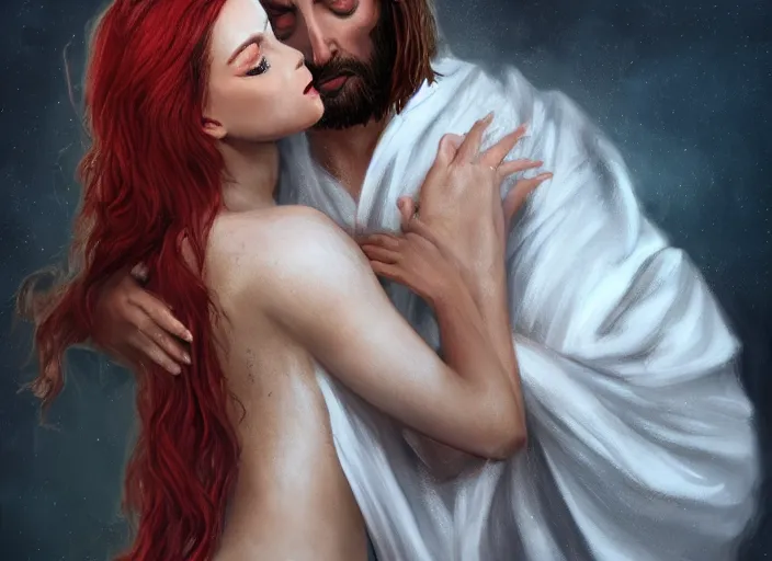 Image similar to jesus hugging a woman from behind, white robe, spirit hugs, gold trim, atmoshperic, elegant, sharp focus, red sun, huge lips, poses by satine zillah, environment by hw 6 5 2 3, art by ilya ozornin, artstation, intricate details, concept art