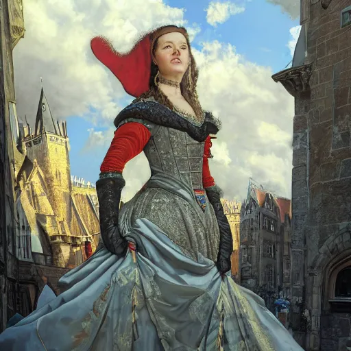 Image similar to portrait of a baroness, painting by michael wellen, john stephens, in a medieval city, tone mapping, airbrushed clouds, trending on artstation