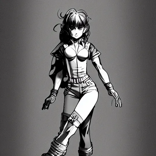 Image similar to full body pose, hd, manga anime portrait of a beautiful woman in combat boots and overalls, in ishikawa ken frank miller jim lee alex ross style detailed trending award winning on flickr artstation,