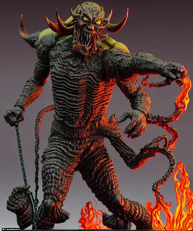 Image similar to a hyperrealistic rendering of an epic boss fight against an ornate supreme dark overlord by art of skinner and richard corben, product photography, collectible action figure, sofubi