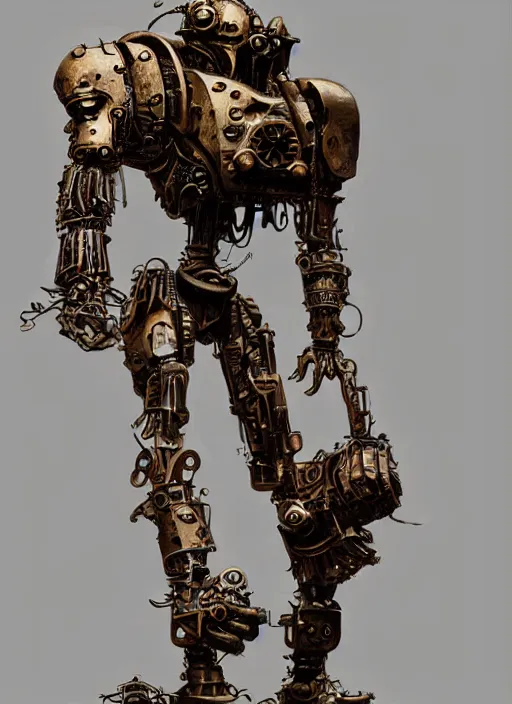 Image similar to bronze golem im steampunk workshop, intricate, elegant, highly detailed, john park, frazetta, sparth, ruan jia, jeffrey catherine jones