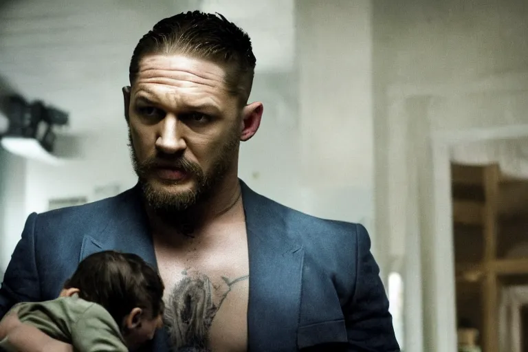 Image similar to film still of Tom Hardy as Max Payne in a dark dream next to a baby crib in the Max Payne movie, 4k