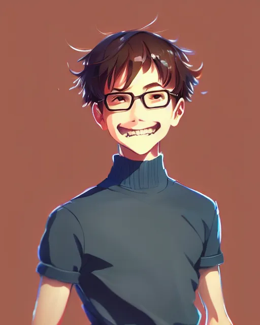 Image similar to teen boy with short chopped brown hair, bangs, unibrow, nerdy smile, portrait shinkai makoto studio ghibli studio key hideaki anno sakimichan stanley artgerm lau rossdraws james jean marc simonetti elegant highly detailed digital painting artstation pixiv