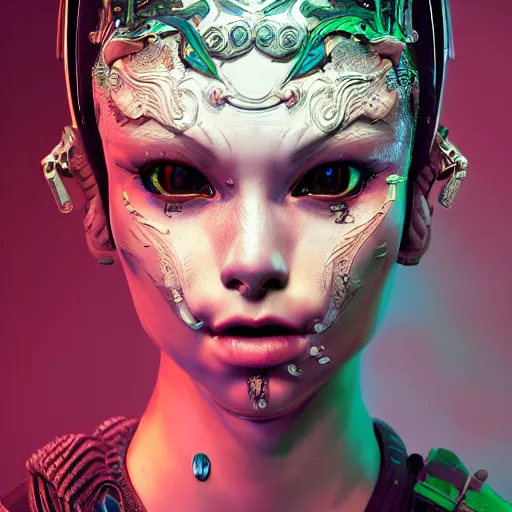 Image similar to the portrait of an absurdly beautiful, graceful, sophisticated, fashionable cyberpunk gravure idol, an ultrafine hyperdetailed illustration by kim jung gi, irakli nadar, hanna moon, intricate linework, neon colors, porcelain skin, unreal engine 5 highly rendered, global illumination, radiant light, detailed and intricate environment