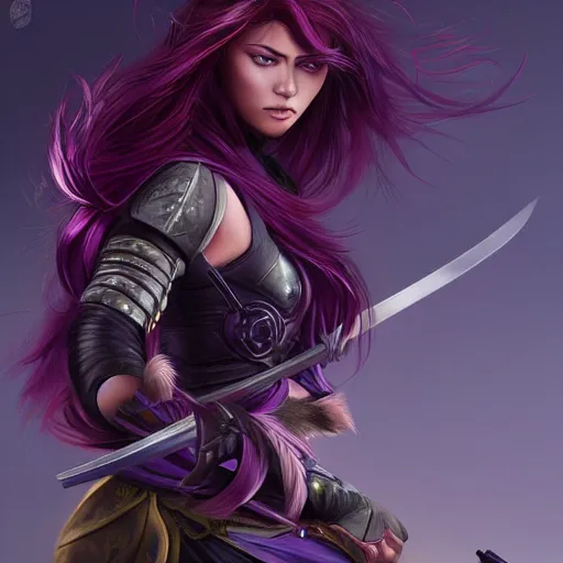 Image similar to beautiful female warrior with long purple hair and katana in epic fighting pose, highly detailed, trending on artstation, stylized, by WLOP