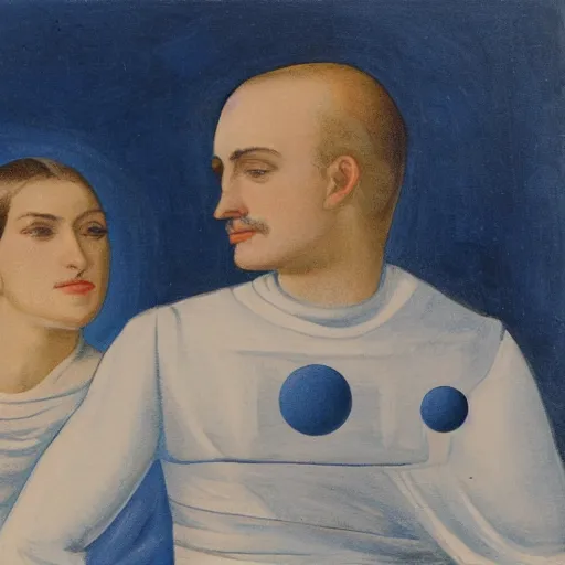 Image similar to woman and man against the background of the planet mercury in blue and white