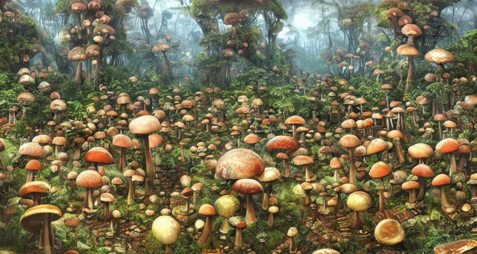 Image similar to A tribal village in a forest of giant mushrooms, by Yoshitaka Amano,