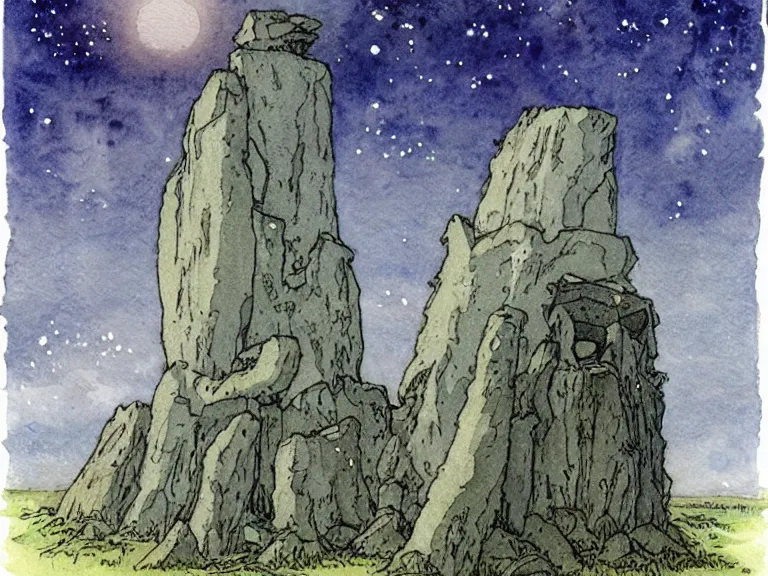 Image similar to a simple watercolor studio ghibli movie still fantasy concept art of a giant wizard playing in a tiny stonehenge. it is a misty starry night. by rebecca guay, michael kaluta, charles vess