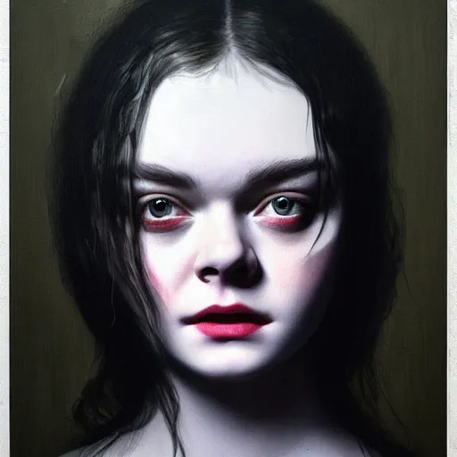 Image similar to a striking hyper real painting of Elle Fanning, dark, metal, occult, by Francisco Goya