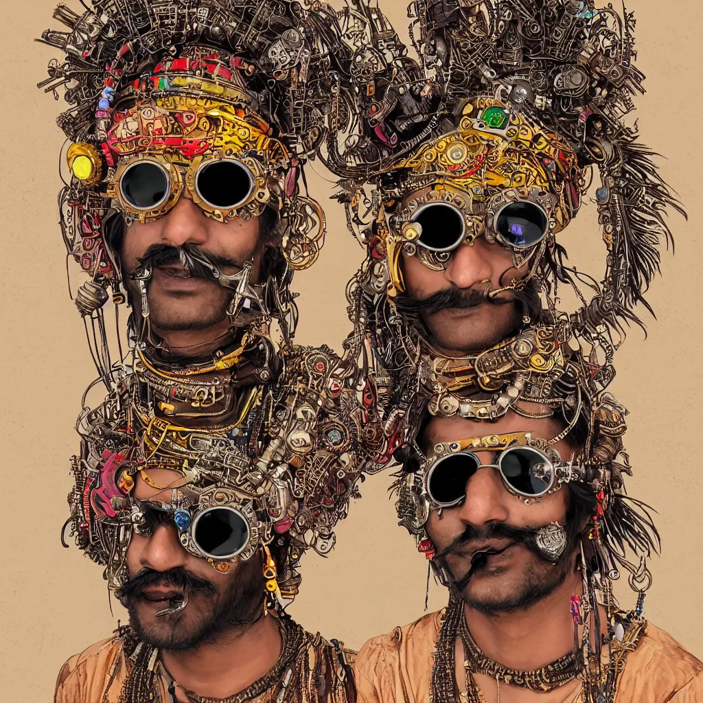 Image similar to face portrait of an indian man with long neon moustache rajasthani headgear wearing madmax style steampunk goggles and steampunk jewelry, art by jean leon gerome, sticker, colorful, illustration, highly detailed, simple, smooth and clean vector curves, no jagged lines, vector art, smooth