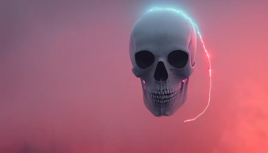 Prompt: Photorealistic Skull covered in thin red strings Surrounded by thick fog and clouds that glow from lights in the distance, volumetric lighting, haze, atmosphere, magical lighting, digital art, wallpaper, octane, redshift