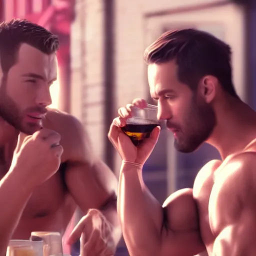 Prompt: cinematic scene with attractive muscular male and another attractive muscular male, drinking their hearts out, in the pub, high definition, very detailed, volumetric lighting, still frame