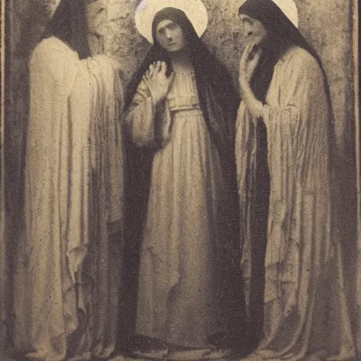 Prompt: 1 9 th century photo of 3 mary's at the tomb of jesus, by julia margaret cameron, beautiful composition