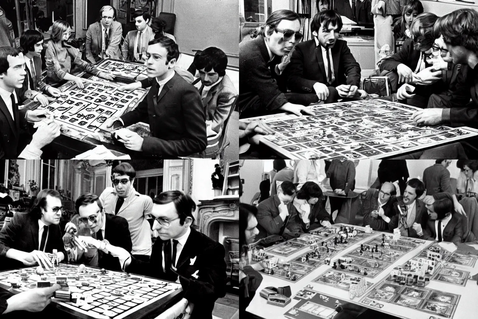 Prompt: playing board games amidst the chaos of paris may 1968