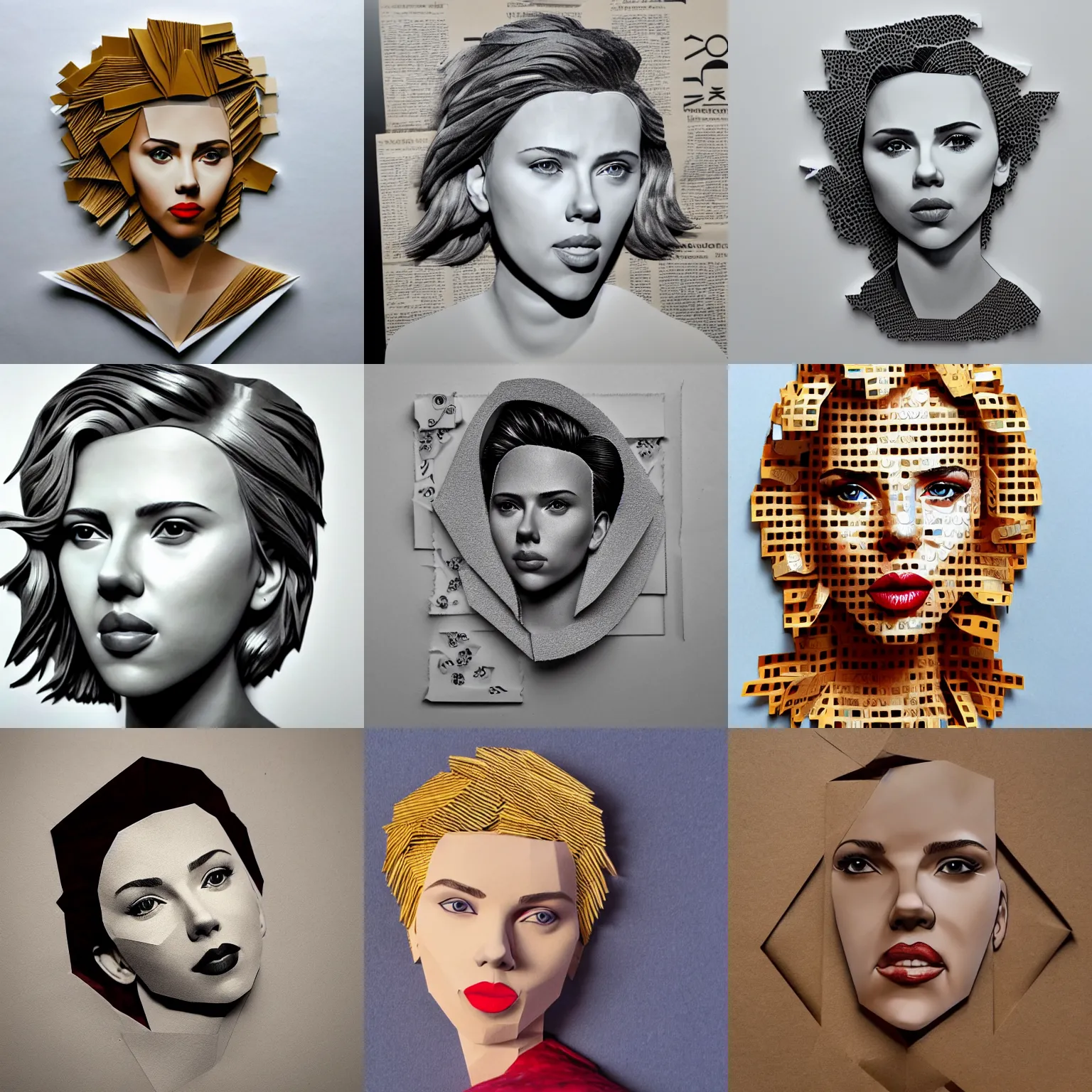 Prompt: scarlett johansson made out of cardboards, paper cut out, photorealistic, photo, product, 4 k, gallery