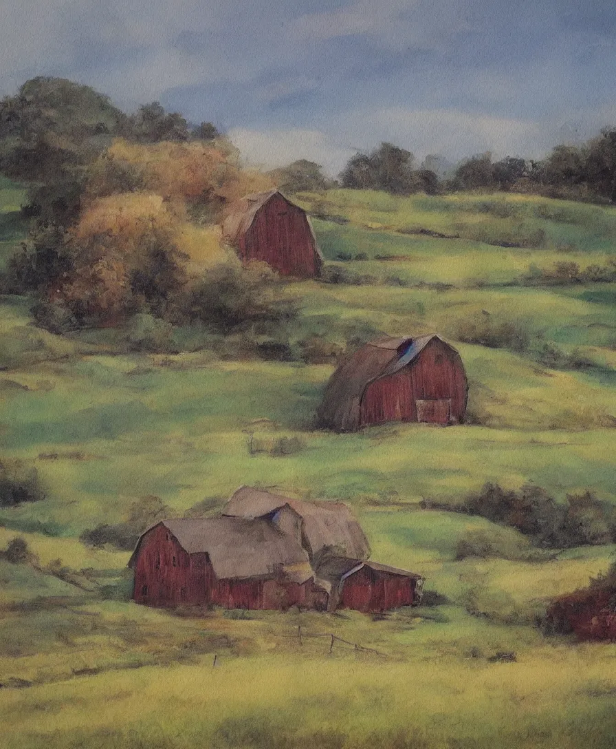 Prompt: a dreamlike painting of a rustic, calm, peaceful countryside with a single barn