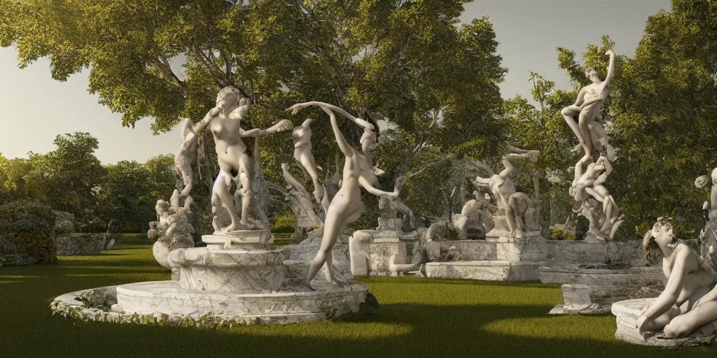 Prompt: Garden Utopia, surrealism, outside, Greek marble statues, earthly pleasures, intricate artwork by caravaggio. Trending on artstation, octane render, cinematic lighting from the right, hyper realism, octane render, 8k, depth of field, 3D