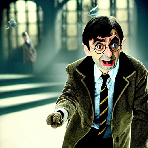 Image similar to mr. bean as harry potter. movie still. cinematic lighting.