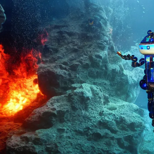 Image similar to a house burning underwater, with a humanoid robot, 8 k resolution, colorful, mariana trench