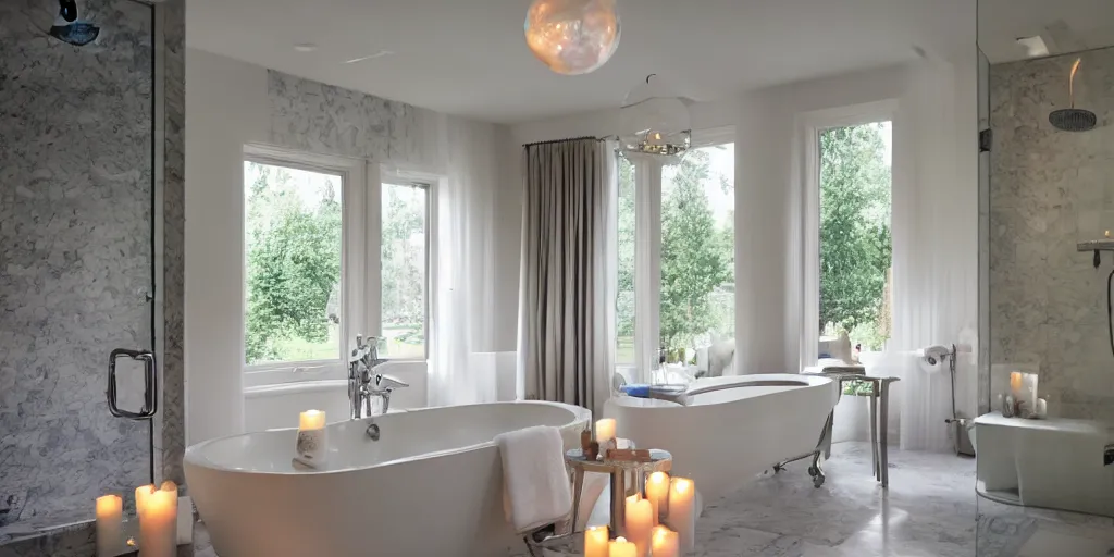 Image similar to a bathroom with a bubble bath and candles, large windows, night, light dog, interior design