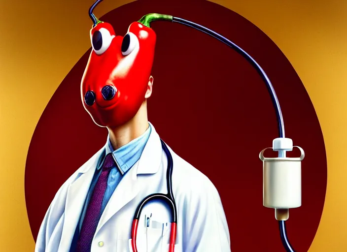 Image similar to a anthropomorphic pepper wearing a white lab coat and stethoscope, diffuse lighting, fantasy, intricate, elegant, highly detailed, lifelike, photorealistic, digital painting, artstation, illustration, concept art, smooth, sharp focus, art by frank frazetta and marco bucci and loish and rossdraws and artgerm and alphonse mucha