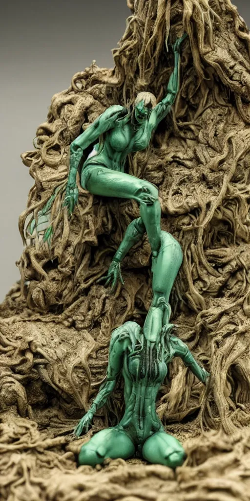 Image similar to bootleg figure of a plastic green acid xenomorph diorama drowning on the mud water, secondhand, rain stormcloud by Luis Royo, mcfarlane, cursed photography, middle shot